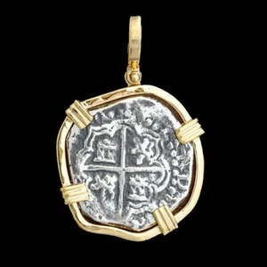 Atocha Jewelry - Medium Pieces of 8 Silver Coin Pendant w/14K Gold Frame - Picture 1 of 6