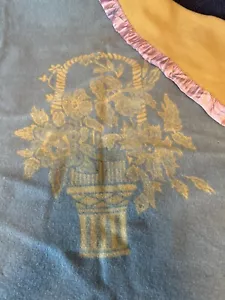 Vintage Golden Dawn Blue Yellow 100% Wool Floral Reversible blanket 75"x68” - Picture 1 of 9