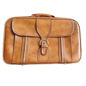 Vtg Brown MCM 1960s Leather Cowhide Travel Shell Luggage Suitcase Front Pocket - Picture 1 of 12