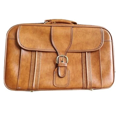 Vtg Brown MCM 1960s Leather Cowhide Travel Shell Luggage Suitcase Front Pocket - Image 1 of 4