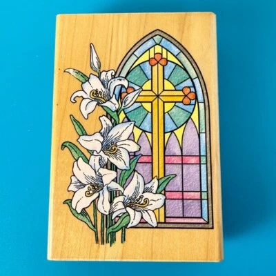 复活节窗户 ~ 有污玻璃 ~ 教堂 ~ 百合 ~ 橡皮图章 ~ 3" X 4.5" ~ Stampendous P040 — 第 1/4 张图片
