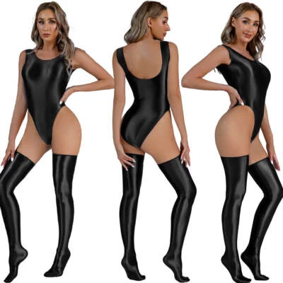 Women's Shiny Satin Romper Lingerie Bodysuit Tank Top Leotard Stockings Clubwear - Image 1 of 4