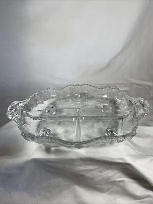 Fostoria Chintz Rose 3 Part Baroque Relish Dish  Divided Etched Clear Handled - Image 1 of 4