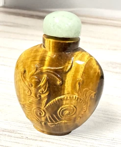 Antique Chinese Carved Tigers Eye Stone Snuff Bottle w/ Stopper - Picture 1 of 14