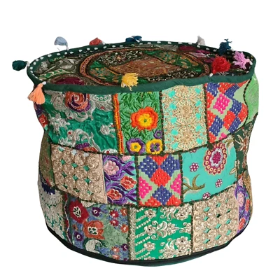 18"Indian Green Cotton Patchwork Ottoman Pouf Cover Home Decor Cushion Cover US - Image 1 of 2