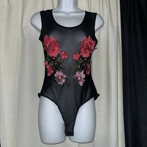 CHARLOTTE RUSSE Black w/ Red Roses Size M Floral Lace See Through Body Suit sexy - Picture 1 of 2