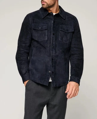 Men's Navy Blue Suede Leather Shirt 100% Lambskin Made To Measure Stylish Shirt - Image 1 of 4