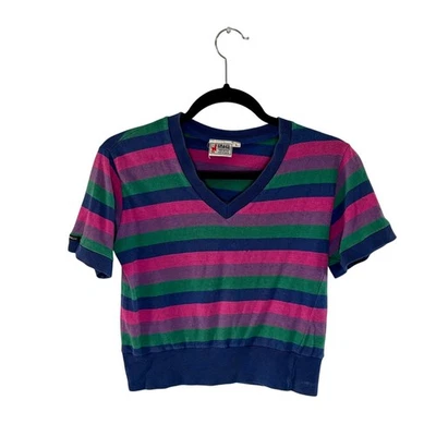Vintage 1990s Crazy Horse Striped Kids T-Shirt Blue Green Pink Purple Stripes  - Image 1 of 4