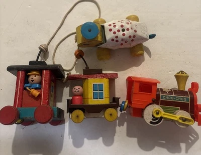 Lot of 4 Vintage Fisher Price Wooden Pre-School Toys- Trains and Turtle - Image 1 of 4