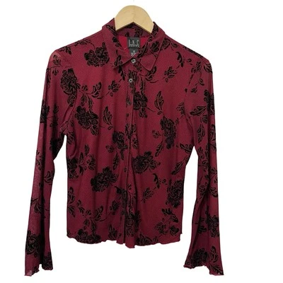 INC Velvet Burnout Semi Sheer Bell Sleeve Top Size MP Red Whimsigoth Vamp Y2K - Image 1 of 4