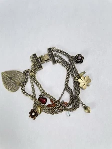 Vintage Heart FlowersCharm Bracelet Statement Dangle Gold Tone Rhinestone Chunky - Picture 1 of 8