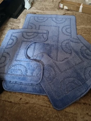 3 Tlg. Set Badematte Badteppich Badvorleger Blau - Bild 1 von 3