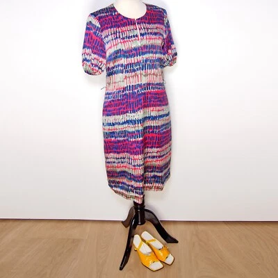 Hugo Boss Seda Vestido Cambio Corto Manga Azul Morado Estampado Mujer Sz It 42 - Imagen 1 de 4