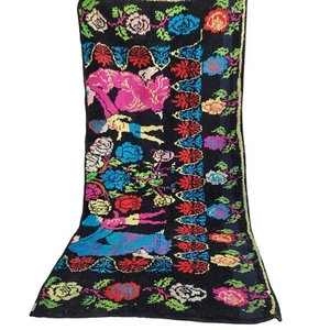 Vintage Moroccan Black Rug Family Design Pink Blue Green Floral Berber Carpet - Picture 1 of 20