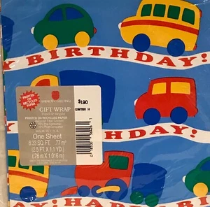 New Vintage Gift Wrap Paper Happy Birthday Cars Bus Trucks Multicolors USA - Picture 1 of 2