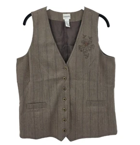 Chico's 2 Women's Medium Tweed Embroidered Button Front Vest Classy Preppy - Picture 1 of 10