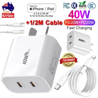 40W DUAL USB-C PD Fast Charging Wall Charger Power Adapter For iPhone 16 14 iPad - image 1 of 4