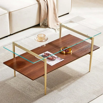 Tadio Glass Coffee Table, Mid-Century Modern Coffee Table for Living Room, Gold - Image 1 of 4