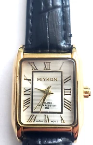 Miykon Woman watch rectangle IP plated black leather, seal on back, new battery - Picture 1 of 7