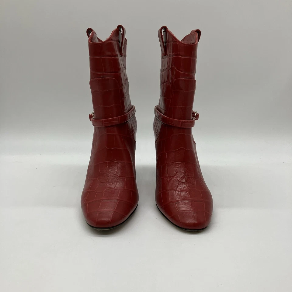 Gorgeous Bruno Magli red croco embossed pull on bootie buckle detail 37.5, 7 us - Image 1 of 4