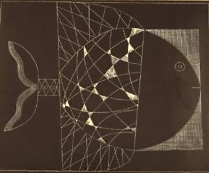 Hans Osswald (1919-1983), Swedish artist. Mixed media on paper. Fish. Mid-20th C