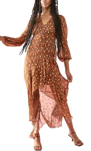 NEW OLLARI ELENA MIDI LACE UP BACK CHEVRON DRESS FREE PEOPLE SIZE LARGE - Picture 1 of 11