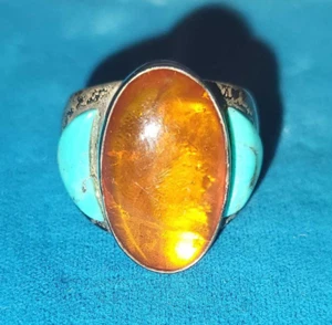 Vintage Jay King DTR Sterling Silver Turquoise & Amber Ring size 7 - Picture 1 of 4