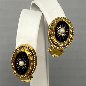 Sphinx Earrings Black Enamel Mourning Victorian White Faux Pearl Sunburst Ornate - Picture 1 of 10