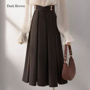 Elegant Lady Woolen Pleated Skirt Midi A-line Half Dress High Waist A-line Skirt - Picture 1 of 11