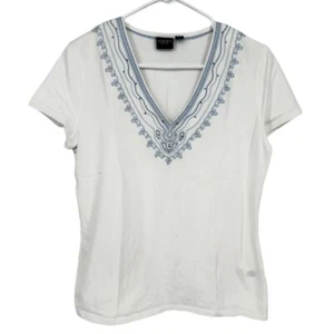 Sonoma White V-Neck T-Shirt with Blue Embroidered Neckline Women's Top SZ M - Picture 1 of 6