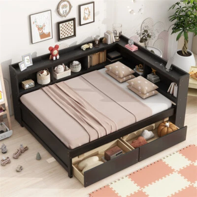Full Size Daybed with L-Shaped Bookcases,Charging Station &Two Drawers-Espresso - Image 1 of 4