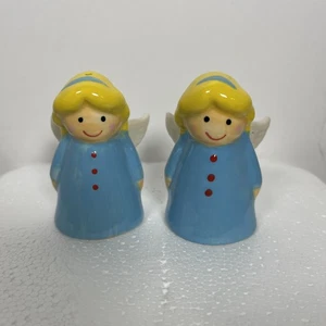 Blue Angel Salt And Pepper Shakers Blonde Hair Wings Vintage - Picture 1 of 8