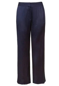 SALE-Navy Blue M&S Silky Satin Trousers-Wide Leg Pants-Curve 24-Long - Picture 1 of 3