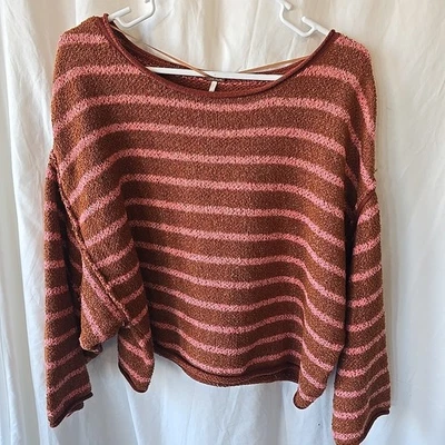 FREE PEOPLE BARDOT Brown Pink Striped Oversized Slouchy Crop Boho Sweater XS - Image 1 of 4