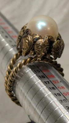 Antique Art Nouveau Ring Brass & Faux Pearl  Adjustable Ring Currently Size 7 - Image 1 of 4