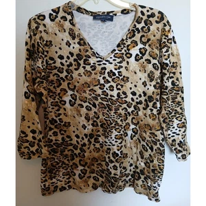 Jones New York Animal Print Top V Neck 3/4 Sleeve Pull Over Shirt Gold Black 1X - Picture 1 of 4