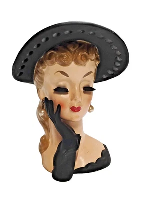 Vtg MCM Japan Napcoware Ceramic  Black Hat Lady Head Planter Vase Figurine 7" - Image 1 of 4