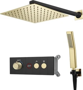 Set Rubinetto Doccia Nero e Oro Spazzolato Sistema Doccia Display Digitale Pioggia - Foto 1 di 9