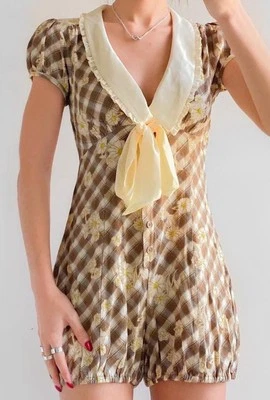 NWOT Kimchi Blue UO Bloomer Romper Plaid Ethereal Bow Dainty Peasant Bohemian XL - Image 1 of 4