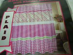 New PLAID Purple Pink Green White Plaid Shower Curtain with Shower Hooks NIP - Picture 1 of 7