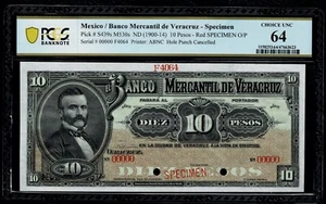 Mexico Antique $10 Pesos"SPECIMEN"Banco Mercantil De Veracruz 1900-14 PCGS 64 - Picture 1 of 2
