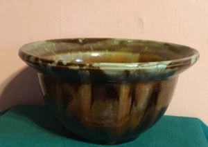 Art Pottery Bowl Planter - Earthy Green  And Browns Drip - 403 USA W Drain Hole - Picture 1 of 10