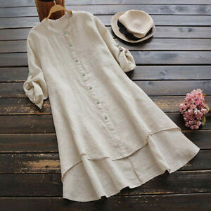 Women Long Sleeve Solid Buttons Shirt Dress Ladies Casual Solid Blouse Long Tops