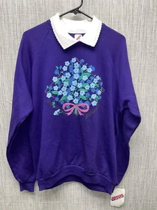 NWT VTG Jeerzees Made In USA Purple Flowers Collard Alaska Crewneck Womens XL - Picture 1 of 5