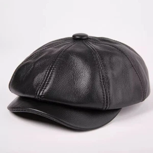 Genuine Leather Newsboy Cap Men Winter Black Octagonal Hat For Men Flat Cap. - Picture 1 of 16