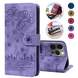 For iPhone 15 14 13 12 11 Pro Max XR 8 7 6 Leather Card Holder Wallet Cover Cat - Picture 1 of 13