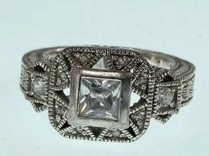 Annika Witt Sterling Silver Engagement Ring Art Deco Filigree Milgrain 7 CZ Band - Picture 1 of 11
