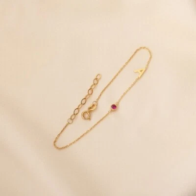 Simulated Round Ruby With Sideway Initial Customized Bracelet In 14K Yellow Gold - Image 1 of 4