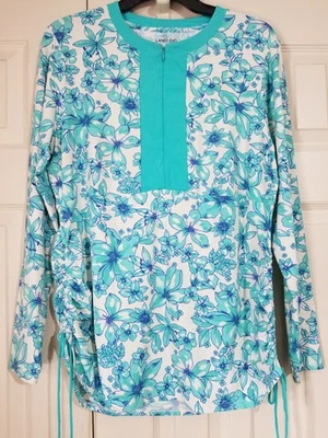 Lands' End Women Size L Aqua Blue Floral Zip Long Sleeve Tunic Swim Cover-Up - Image 1 of 4