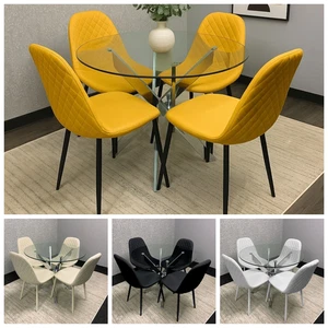Modern Glass Round Dining Set with 4 Leather Chairs Dining Room Furniture Set - Picture 1 of 16
